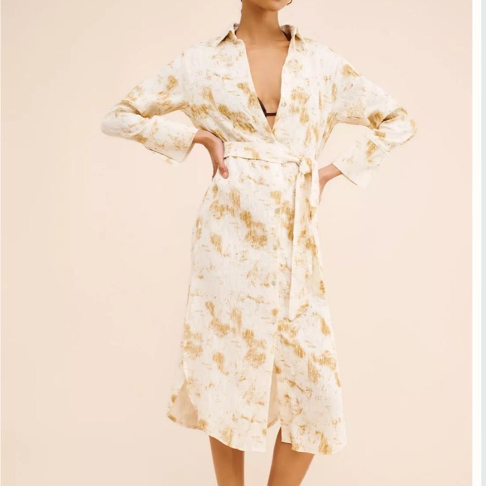 Little Lies Anthropologie crinkle dye midi shirt dress tan small s